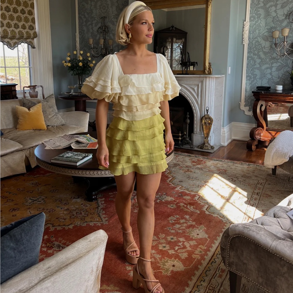 Layered Puff Sleeve Mini Dress - Green / Yellow Ombré